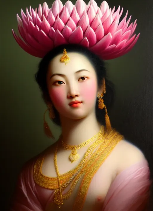 Image similar to stunning asian godess, detailed pink and white protea head peace against a black backdrop by ivan aivazovsky, wlop, oil painting, beautiful soft lighting, muted colours, artstation