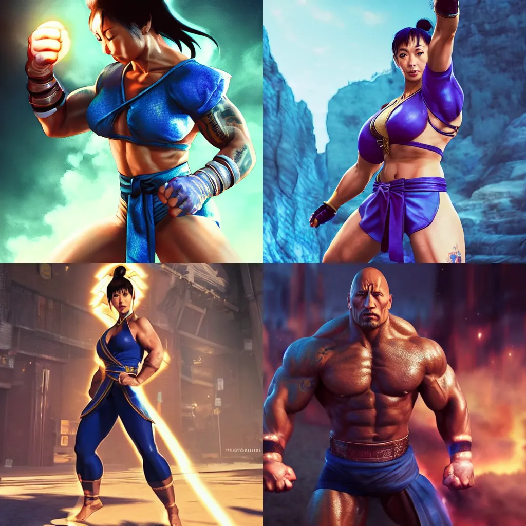 Prompt: dwayne johnson, chun li outfit, dwayne johnson posing like a street fighter, dwayne johnson wearing female outfit, intricate, epic lighting, cinematic composition, hyper realistic, 8k resolution, unreal engine 5, by Artgerm, tooth wu, dan mumford, beeple, wlop, rossdraws, James Jean, Andrei Riabovitchev, Marc Simonetti, yoshitaka Amano, Artstation