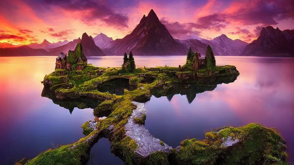 Prompt: amazing landscape photo of a fairy castle with lake in sunset by marc adamus, beautiful dramatic lighting