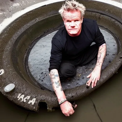 Image similar to Gordon Ramsey hiding in a sewer, creepy, grunge, IT