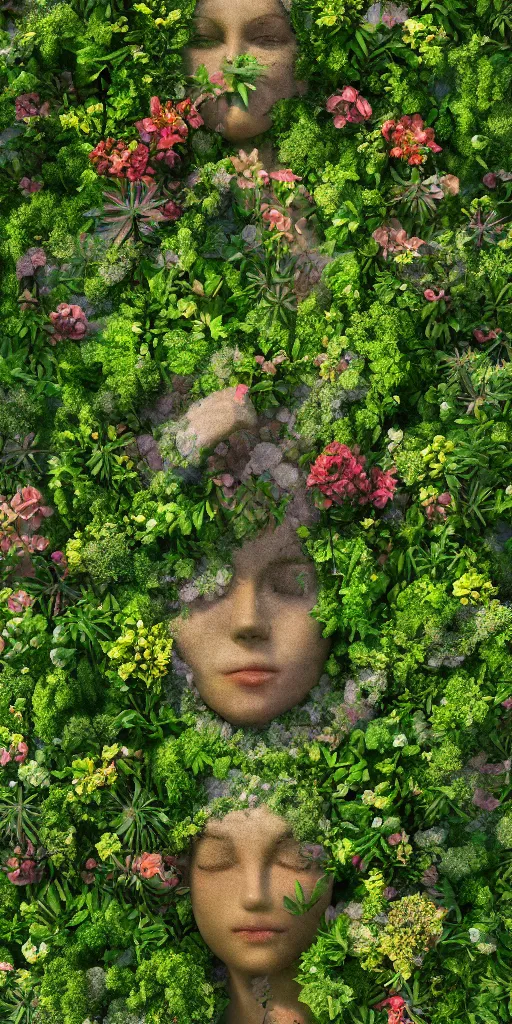 Image similar to an aerial view beautiful garden forming the face of a beautiful goddess, hyperrealism, 8 k, octane render, dramatic lighting, trending on artstation