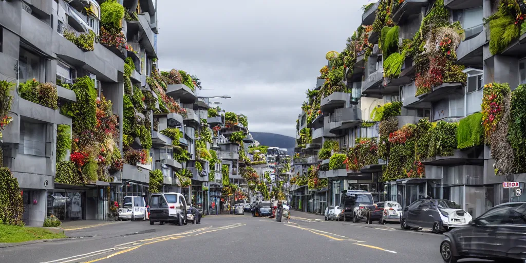 Image similar to a street in wellington new zealand where multiple buildings are covered in living walls made of endemic new zealand epiphyte species. patrick blanc. people walking on street. cars parked. windy day. 2 5 0 meter high hills in distance