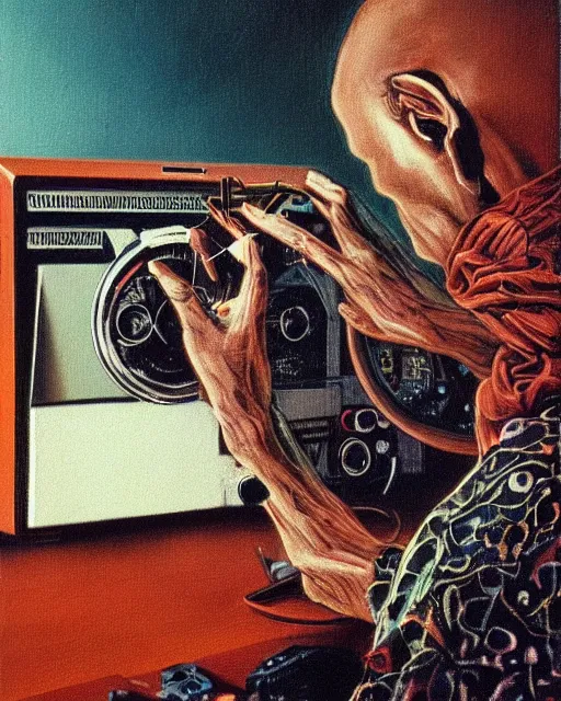 Image similar to a pensive skull observing 8 0 s era technology, vintage shapes, retro technology, vintage color, wayne barlow, oil on canvas, deep depth of field, masterpiece, cinematic composition, hyperdetailed