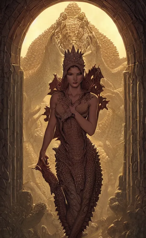 Image similar to crocodile godess in temple portal, reptilian skin, d & d, fantasy, intricate, elegant, highly detailed, digital painting, artstation, concept art, matte, sharp focus, illustration, art by artgerm and greg rutkowski and alphonse mucha