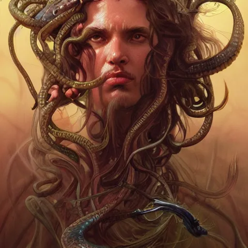 Prompt: male medusa, highly detailed, snakes, digital painting, blood in the eyes, cute face, artstation, concept art, smooth, sharp focus, illustration, art by artgerm and greg rutkowski and alphonse mucha