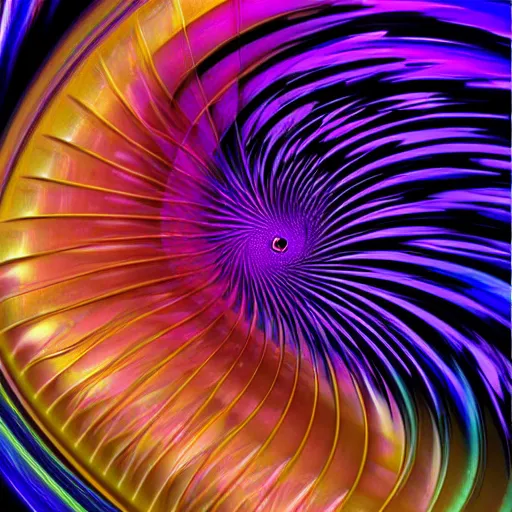 Image similar to woman silhouette, black ink, in the foreground of an abstract acrylic of a spiral vortex, chaotic fractal patterns, cells, purple magenta blue iridescent colors, dynamic curves, pouring techniques, artstation, pinterest
