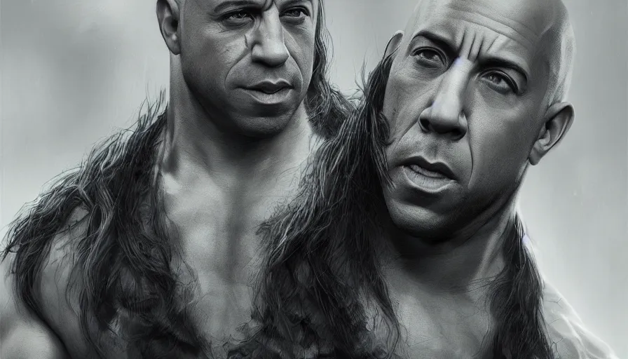 Image similar to vin diesel with long beard, long hair, hyperdetailed, artstation, cgsociety, 8 k