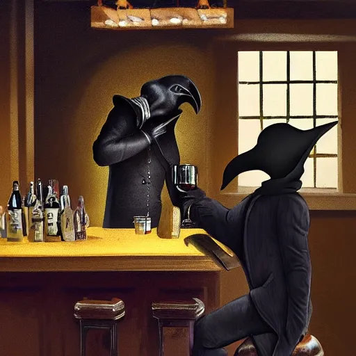 Image similar to plague doctor sitting at a bar with his drink empty, award winning photograph