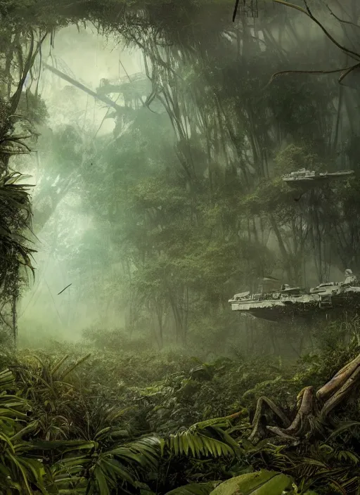 Image similar to aircraft carrier USS Nimitz overgrown with vegetation laying on the ground of a tropical forest, post appocalyptic, by Luis Royo, by Greg Rutkowski, dark, gritty, intricate, cover illustration, concept art, volumetric lighting, volumetric atmosphere, sharp focus, octane render, trending on artstation, 8k