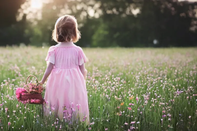 Prompt: a little girl standing in a field holding flowers in her hand, soft light, dreamlike,