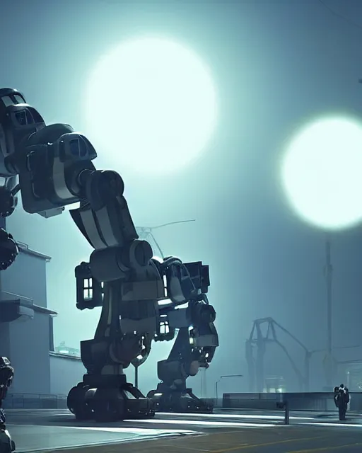 Prompt: the giant massive mech walker robot ; armed and watchfully patrolling the area advent control center xcom 2 sci fi futuristic scene light fog atmospheric tones