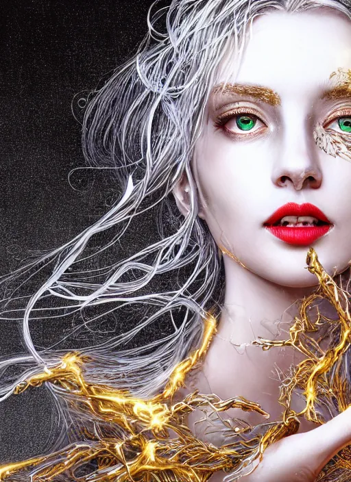 Image similar to glowing silver and golden elements, full close-up portrait, vector dark witch from shutterstock, book cover, green forest, white moon, red lips, establishing shot, extremly high detail, photo-realistic, cinematic lighting, pen and ink, intricate line drawings, by Yoshitaka Amano, Ruan Jia, Kentaro Miura, Artgerm, post processed, concept art, artstation, matte painting, style by eddie mendoza, raphael lacoste, alex ross