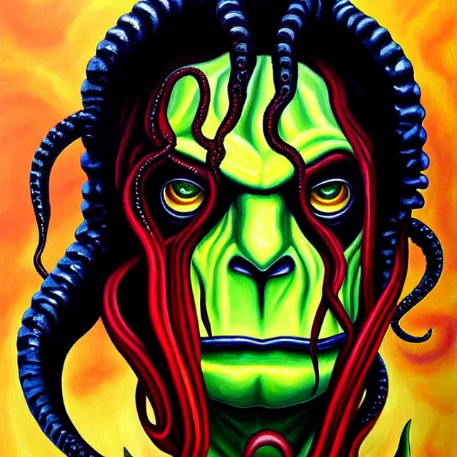 Image similar to a beautiful painting cthulhu mythos michael jackson face, by dana irving realistic oil painting