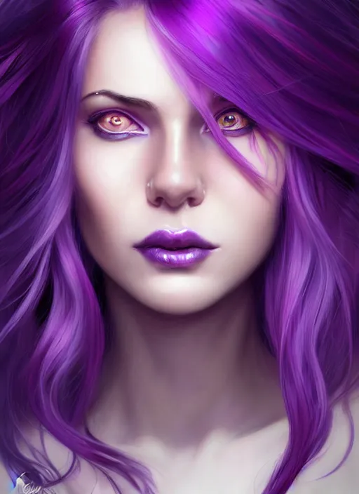 Image similar to Purple hair Portrait of a woman with bright colored flying hair, all shades of purple. Hair coloring, amber eyes, face, long hair, fantasy, intricate, elegant, highly detailed, digital painting, artstation, concept art, smooth, sharp focus, illustration, art by artgerm and greg rutkowski and alphonse mucha