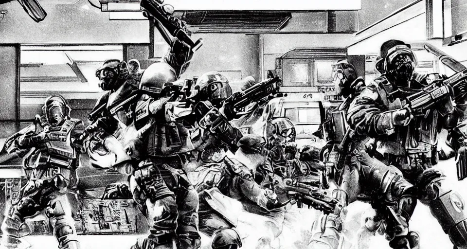 Image similar to 1989 Video Game Concept art of Neo-tokyo Cyborg bank robbers vs police FPS, Set in Tokyo Bank Parking Lot, Dark, Multiplayer set-piece Ambush, Tactical Squads :10, Police officers under heavy fire, Suppressive fire, Pinned down, Destructible Environments, Gunshots, Headshot, Bullet Holes and Anime Blood Splatter, :10 Gas Grenades, Riot Shields, MP5, AK45, MP7, P90, Chaos, Anime Machine Gun Fire, Gunplay, Shootout, :14 FLCL + Akira, Cel-Shaded:17, Created by Katsuhiro Otomo + Arc System Works + miHoYo: 20