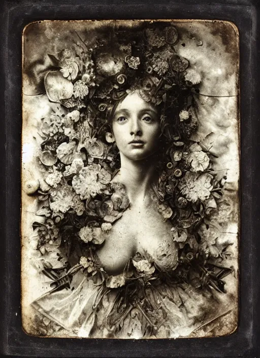 Image similar to old wetplate daguerreotype portrait of birth of venus, explosion of data fragments, fractal, intricate, elegant, highly detailed, parallax, leica, medium format, subsurface scattering, portrait, elegant, highly detailed, matte painting, by stanley spencer