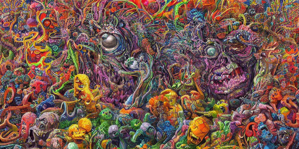 Image similar to a ultra high hyperdetailed painting with complex textures of a group of monsters united within a larger monster, made of candies and psychotropic psychoactive substances psychedelic fulcolor spiritual chaos surrealism horror bizarre psycho art