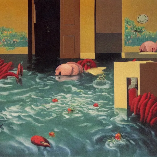 Image similar to painting of flood waters inside an apartment, sensual female emo art student, a river flooding indoors, pomegranates, pigs, ikebana, water, octopus, river, rapids, waterfall, black swans, canoe, berries, acrylic on canvas, surrealist, by magritte and monet