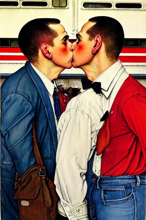 Prompt: gay male couple at a train station, norman rockwell painting of donald trump kissing donald trump