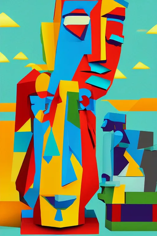 Image similar to cubist moai statue cutout digital illustration cartoon colorful beeple