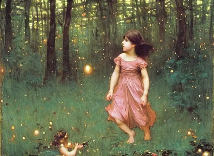 Image similar to a little girl with short curly light brown hair chasing fireflies in a forest, beautiful painting by John William Waterhouse