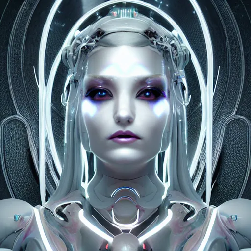 Image similar to symmetrical feminine cyborg goddess rendered in Cinema 4D and Octane and Unreal Engine 5, illustrious silver cybernetic body and ornate futuristic outfit, glowing white neon eyes, platinum and obsidian flowing long hair, art by Artgerm, Beeple and Alphonse Mucha, hyperrealism, full body photogenic shot, digital render, cinematic lighting ornate earrings, 8k resolution, masterpiece work