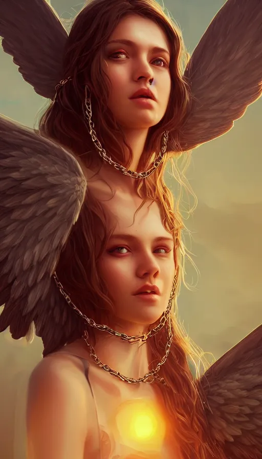 Image similar to a sad portrait of an angel with boned wings blocked by chains covered by vegeration, sunset, bright light, hyperdetailed, artstation, cgsociety, 8 k