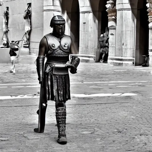 Prompt: a roman legionnaire stranding through madrid