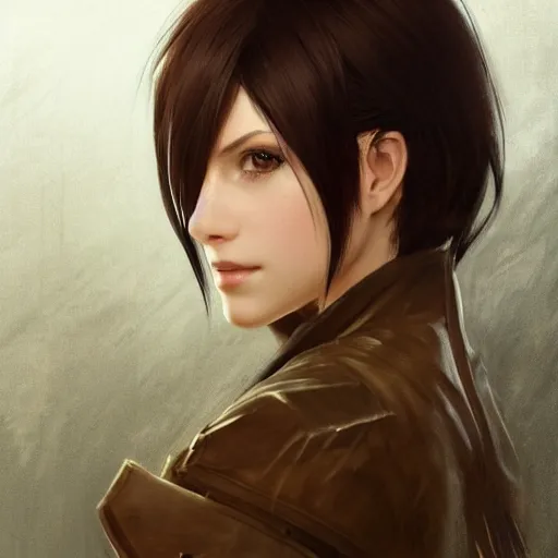 Image similar to a head and shoulders portrait with short black hair in a tan trenchcoat, from Final Fantasy XIII, retro, smooth, sharp focus, intricate, artstation, detailed concept art by Rutkowski and Mucha and sky sewa and Marc Simonetti