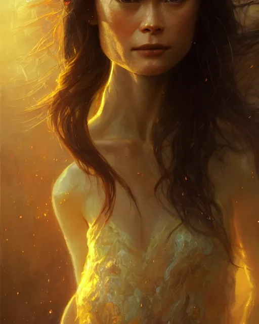 Prompt: summer glau, 8 k, micro detail, wide - angle portrait, by android jones and greg rutkowski, gaston bussiere, craig mullins, cinematic lighting, trending on artstation, volumetric dust, intricate, elegant, pro photography