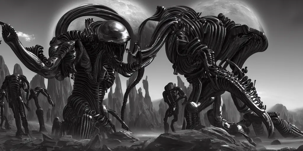 Prompt: single mono colossal android, in the background are xenomorphs, mars, artstation cinematic