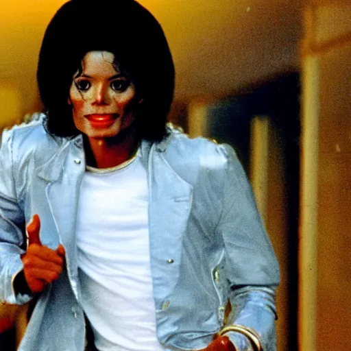 Image similar to a 1980s film still of Morgan Freeman dressed as Michael Jackson, 40mm lens, shallow depth of field, split lighting