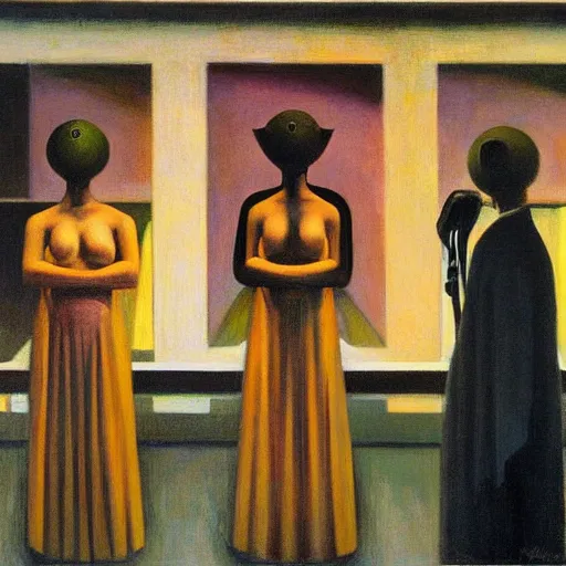 Prompt: three brutalist seers watchers oracles soothsayers portrait, pj crook, grant wood, edward hopper, syd mead, oil on canvas