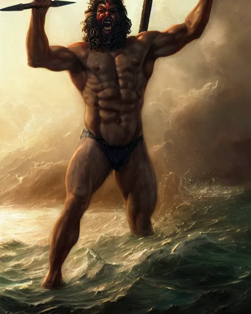 Image similar to a portrait of strong and proud young Poseidon with trident in his hands, screaming, ready to fight, rising from the ocean by Ross Tran and Thomas Cole and Wayne Barlowe