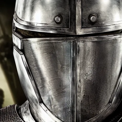 Image similar to close - up of an armoured knight in a movie directed by christopher nolan, movie still frame, promotional image, imax 7 0 mm footage