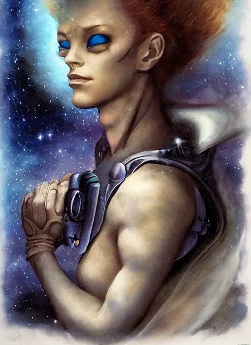 Prompt: portrait of female space ranger, night sky background, beautiful! coherent! by brom, by brian froud, deep color, strong line, high contrast