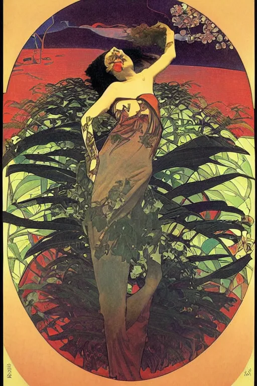 Image similar to The lonely stoner seems to free his mind at night, by Tadanori Yokoo, Alphonse Mucha, Hannah Hoch