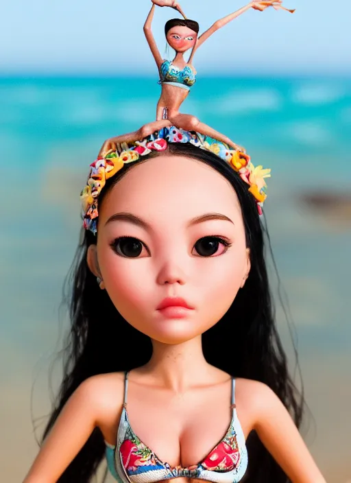 Image similar to closeup profile portrait of tin toy bikini girl beach, depth of field, zeiss lens, detailed, symmetrical, centered, fashion photoshoot, by nicoletta ceccoli, mark ryden, lostfish, breathtaking, 8 k resolution, extremely detailed, beautiful, establishing shot, artistic, hyperrealistic, octane render