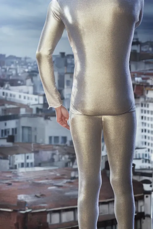 Image similar to un ultra high definition studio quality photographic art portrait of a young man standing on the rooftop of a british apartment building wearing soft padded silver pearlescent clothing. three point light. extremely detailed. golden ratio, ray tracing, volumetric light, shallow depth of field. set dressed.