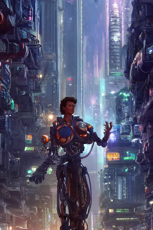 Image similar to a curly - haired cyborg in a retrofuturistic city by david a hardy and noriyoshi ohrai, highly detailed, cinematic composition, trending on artstation, octane render, 8 k