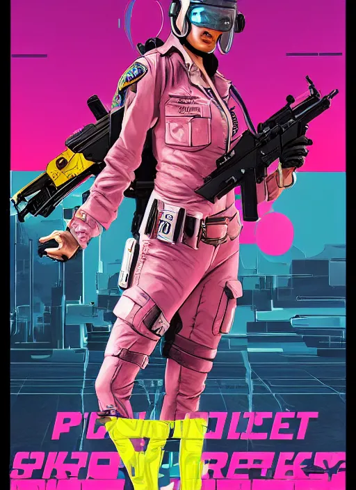 Image similar to cyberpunk female police trooper wearing pink jumpsuit and pointing a yellow belt fed pistol. advertisement for pistol. cyberpunk ad poster by james gurney, azamat khairov, and alphonso mucha. artstationhq. painting with vivid color, cell shading. buy now! ( rb 6 s, cyberpunk 2 0 7 7 )