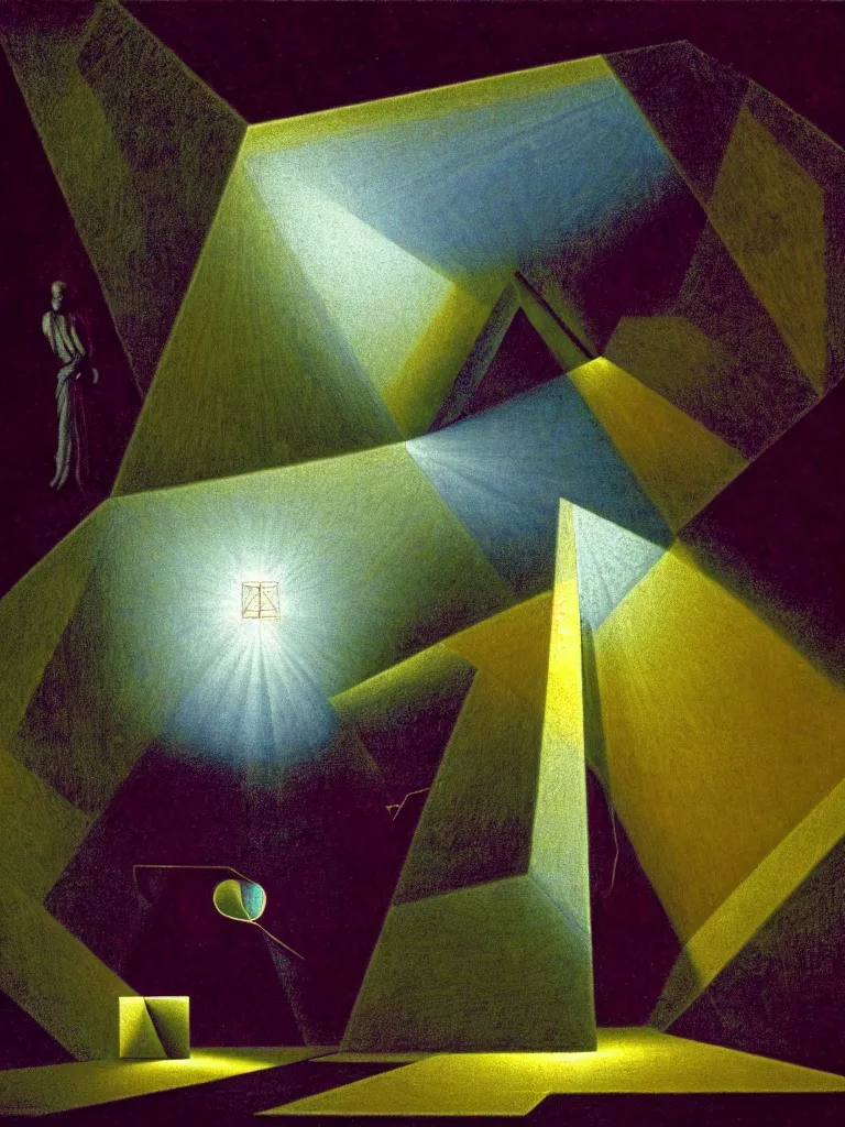 Image similar to hyperrealistic still life portrait of a mind exploding in a forest, beautiful plans, sacred geometry, light refracting through prisms in a tesseract, by caravaggio, botanical print, surrealism, vivid colors, serene, golden ratio, rule of thirds, negative space, minimalist composition, in the style of james turrell