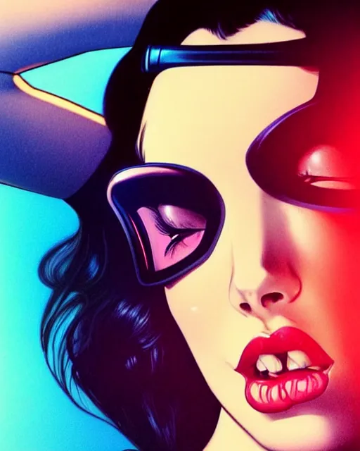 Image similar to low angle closeup very seductive megan fox retro scifi goddess pinup, vr goggles, action glamour pose, windblown dark hair, hyper detailed, digital art, studio lighting, smooth, ambient lighting, sharp focus, frank miller, wlop, anna dittmann, moebius!, alphonse mucha, patrick nagle!!!, rim lighting, synthwave