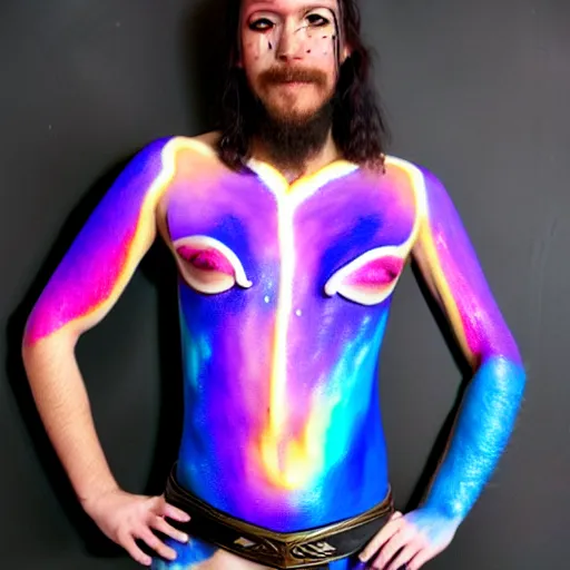 Image similar to iridescent bodypaint on a swashbuckling space pirate