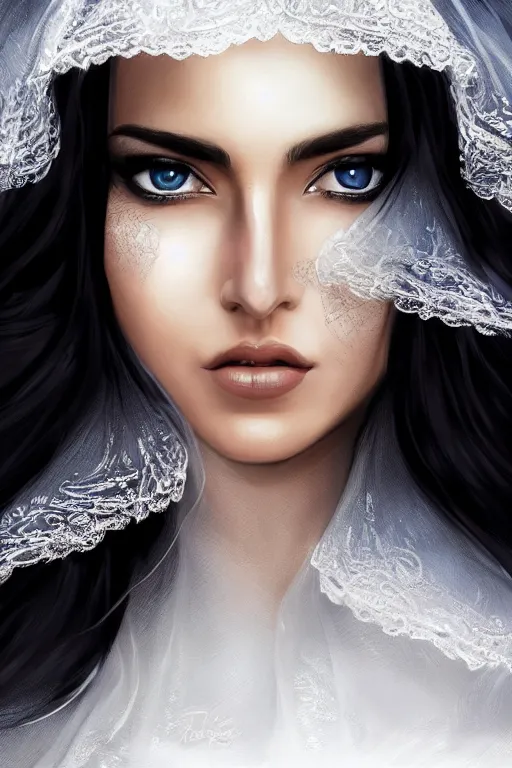 Image similar to Ameera al-Taweel, blue eyes, long wavy black hair, fierce look, white veil, closeup, focus face, elegant, highly detailed, centered, digital painting, artstation, concept art, art by artgerm