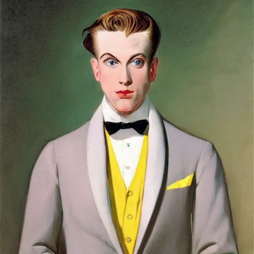 Prompt: a young man with slicked back red hair, a symmetrical clean - shaven face and white eyes, wearing a white tuxedo jacket with a yellow popper flower in its lapel, symmetry, reflection, mirrors, myth of narcissus, by j. c. leyendecker