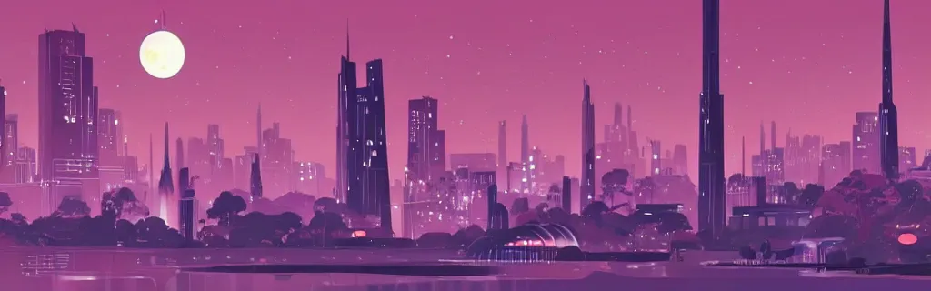 Image similar to sci - fi city night scene with moon and helicopter in the sky, red and purple tone, modernism, gouache, trees, animated film, stylised, illustration, by eyvind earle, scott wills, genndy tartakovski