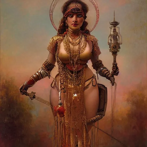 Prompt: detailed full body of hindu traditional woman blindfolded by high - tech steam punk face armour, girl graceful,, painting by gaston bussiere, craig mullins, j. c. leyendecker, lights, art by ernst haeckel, john william godward, hammershøi,,