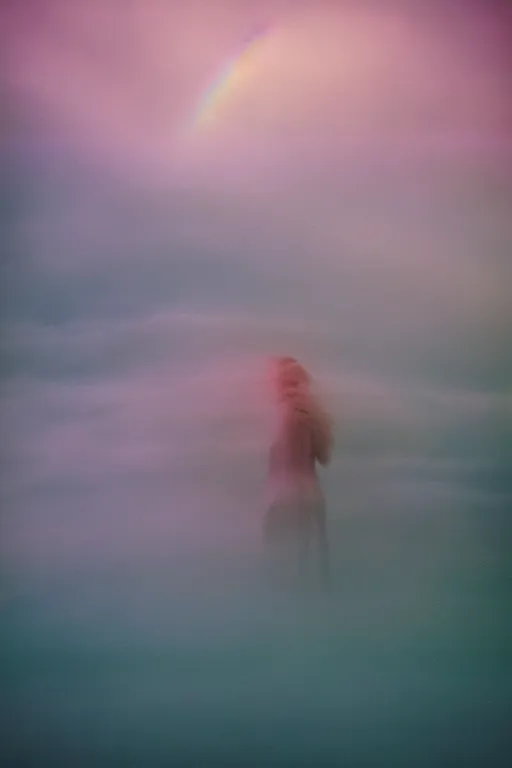 Image similar to high quality pastel coloured film close up wide angle photograph of a model wearing clothing resting on cloud furniture in a icelandic black rock environment in a partially haze filled dreamstate world. three point light, rainbow. photographic production. art directed. pastel colours. volumetric clouds. pastel gradient overlay. waves glitch artefacts. extreme facial clarity. 8 k. filmic.