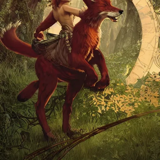 Image similar to An epic fantasy comic book style portrait of a fox as a martial arts expert, temple ruins surrounded by lush meadow and big pines, intricate, elegant, highly detailed, digital painting, artstation, concept art, matte, sharp focus, illustration, art by Artgerm and Greg Rutkowski and Alphonse Mucha